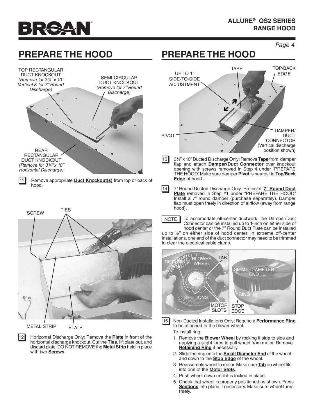 Broan QS236SS manual TOP Rectangular, Semi-Circular, Rear Rectangular Duct Knockout, Screw Ties, Metal Strip 