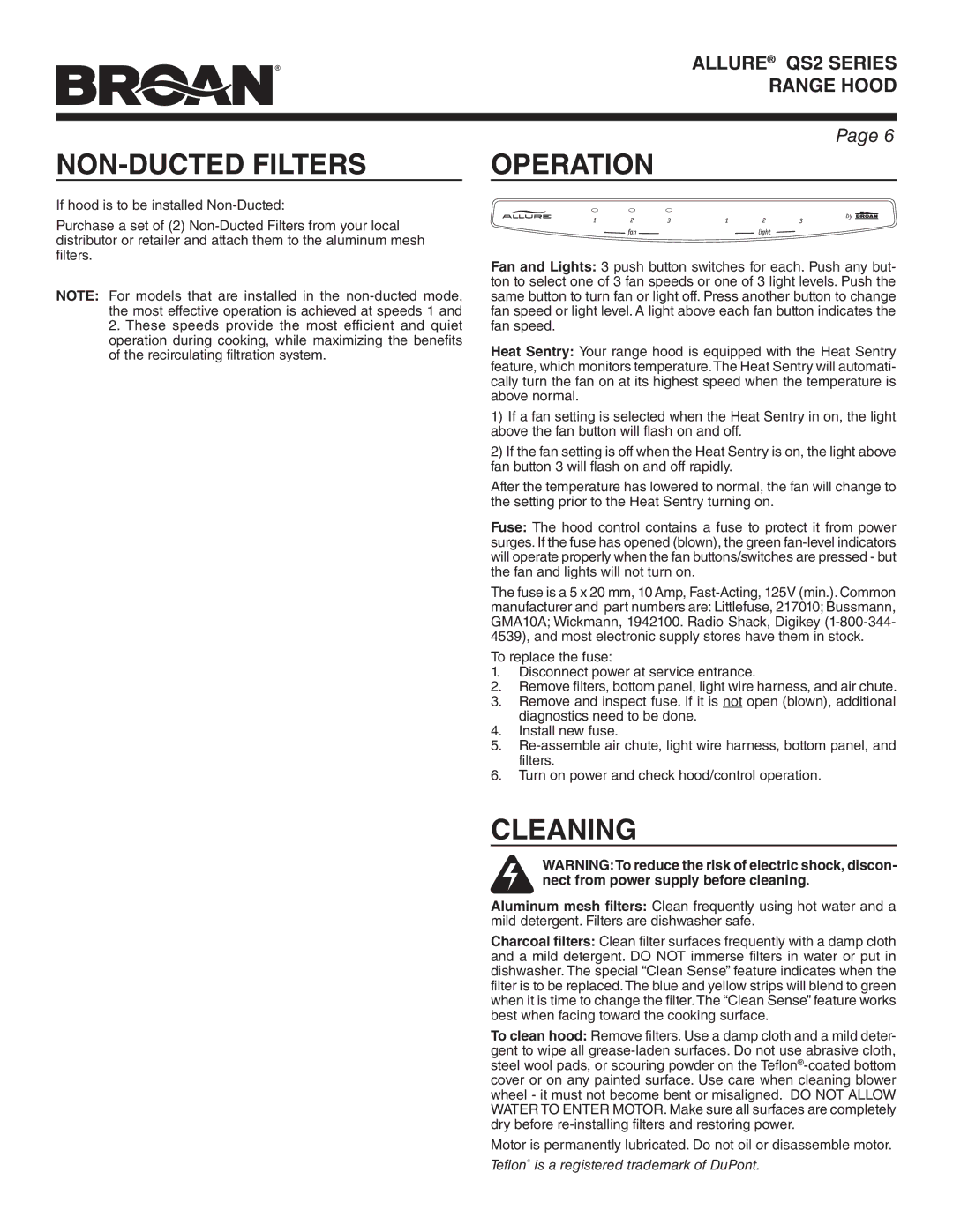 Broan QS236SS manual NON-DUCTED Filters, Operation, Cleaning 