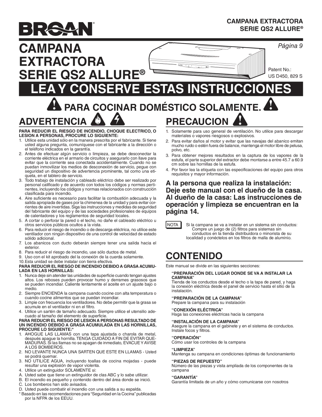 Broan QS236SS manual Para Cocinar Doméstico Solamente Advertencia Precaucion, Contenido 