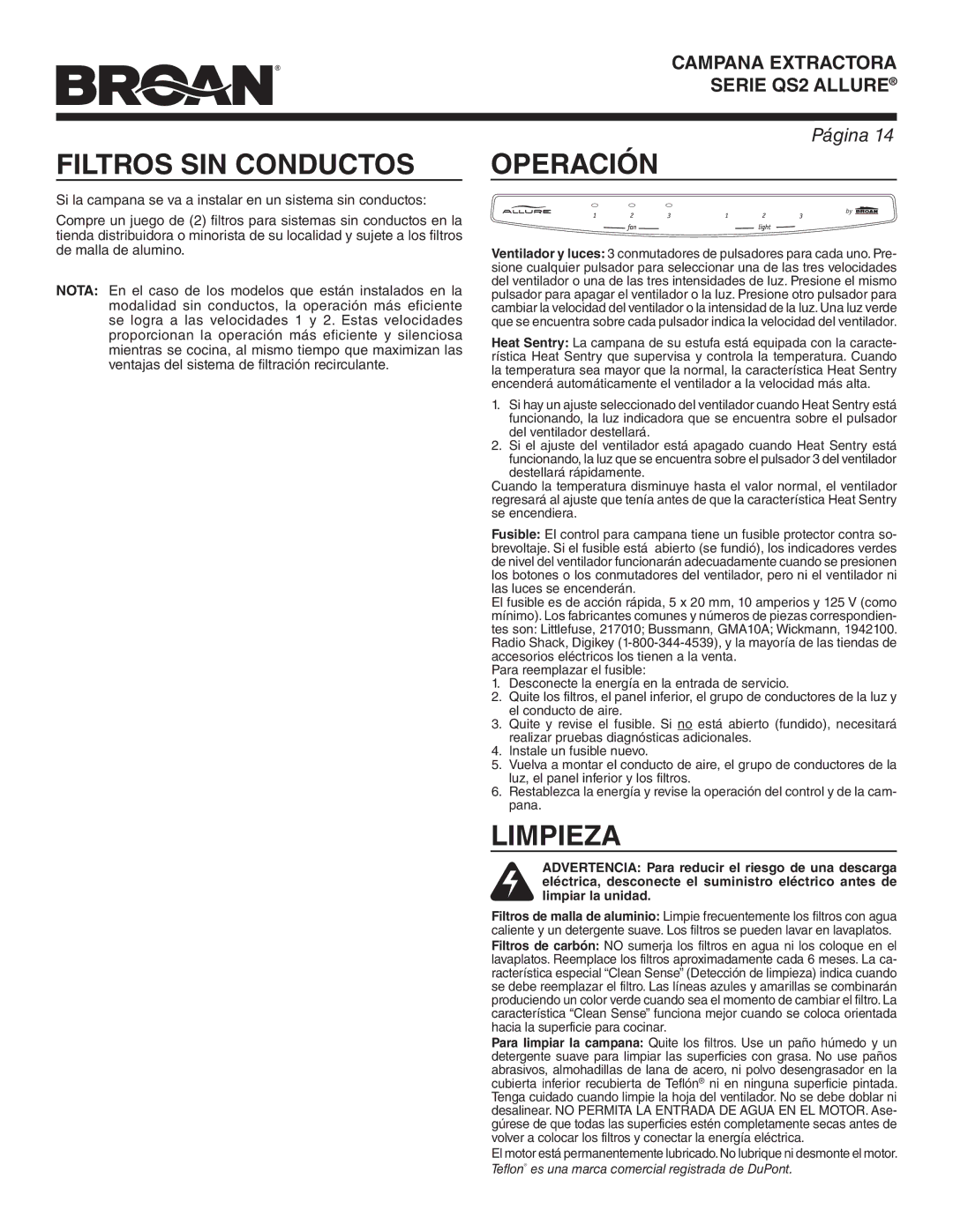 Broan QS242SS warranty Filtros SIN Conductos, Operación, Limpieza 