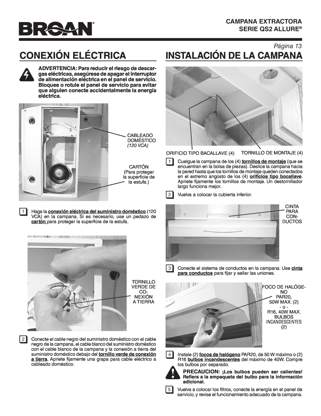 Broan QS242SS warranty Conexión Eléctrica, Instalación De La Campana, Campana Extractora, SERIE QS2 ALLURE, Página 