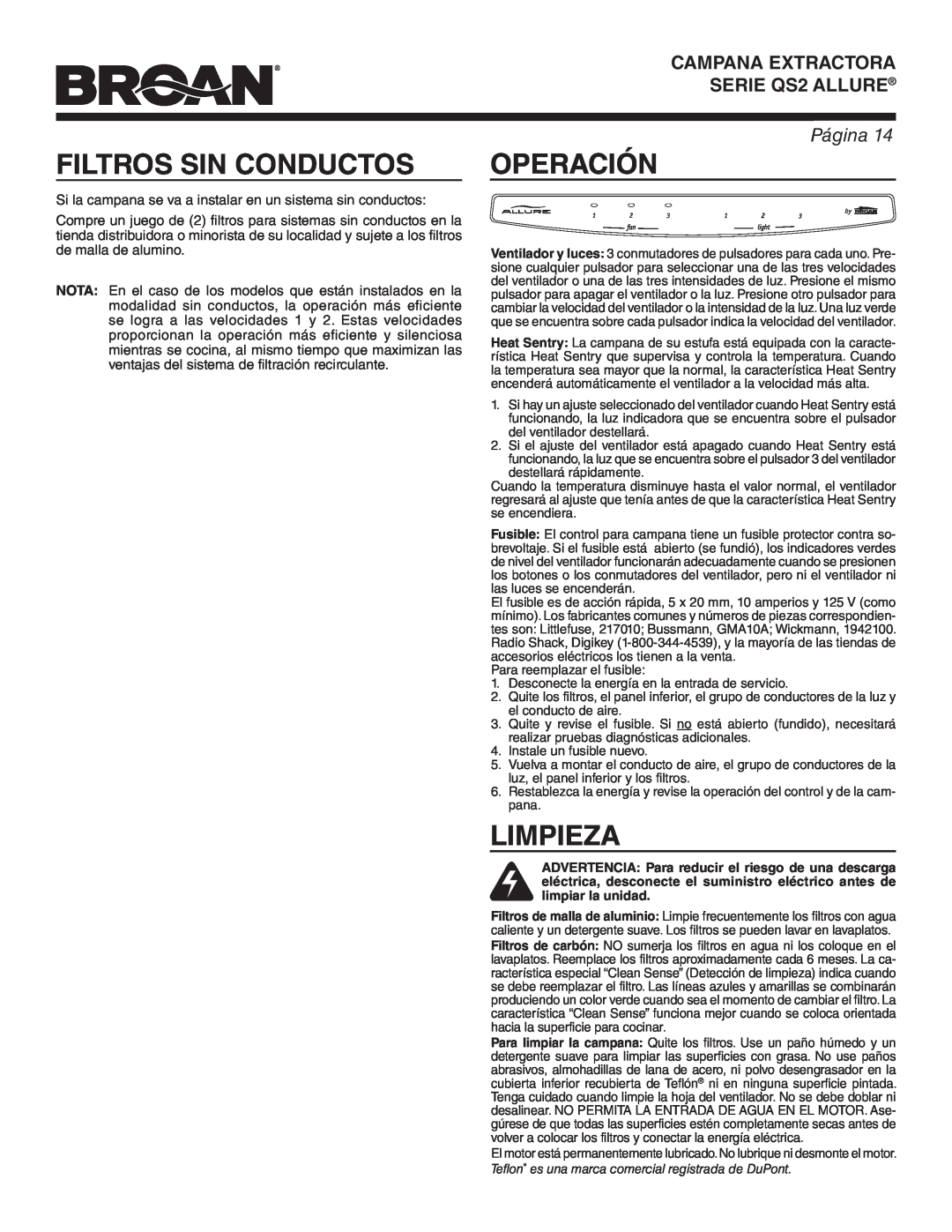 Broan QS242SS warranty Filtros Sin Conductos, Operación, Limpieza, Página, CAMPANA EXTRACTORA SERIE QS2 ALLURE 