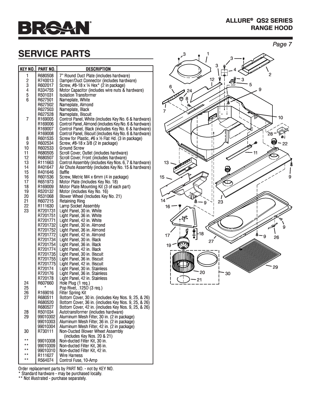 Broan QS242SS warranty Service Parts, Key No. Part No, ALLURE QS2 SERIES RANGE HOOD, Page 