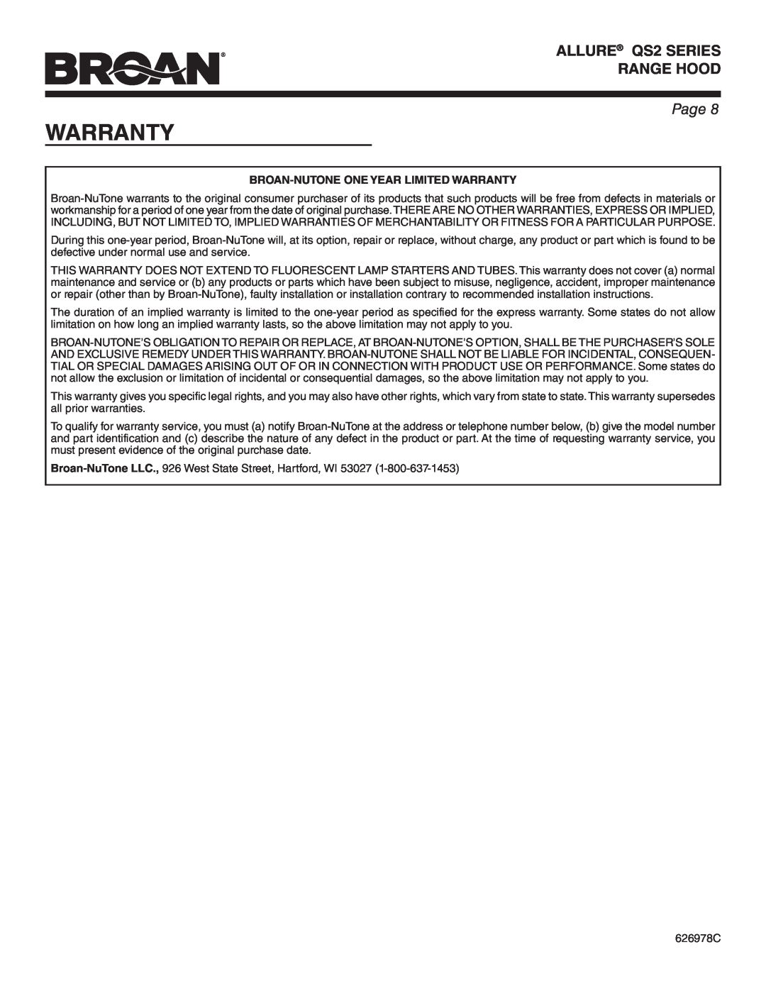 Broan QS242SS warranty Broan-Nutone One Year Limited Warranty, ALLURE QS2 SERIES RANGE HOOD, Page 