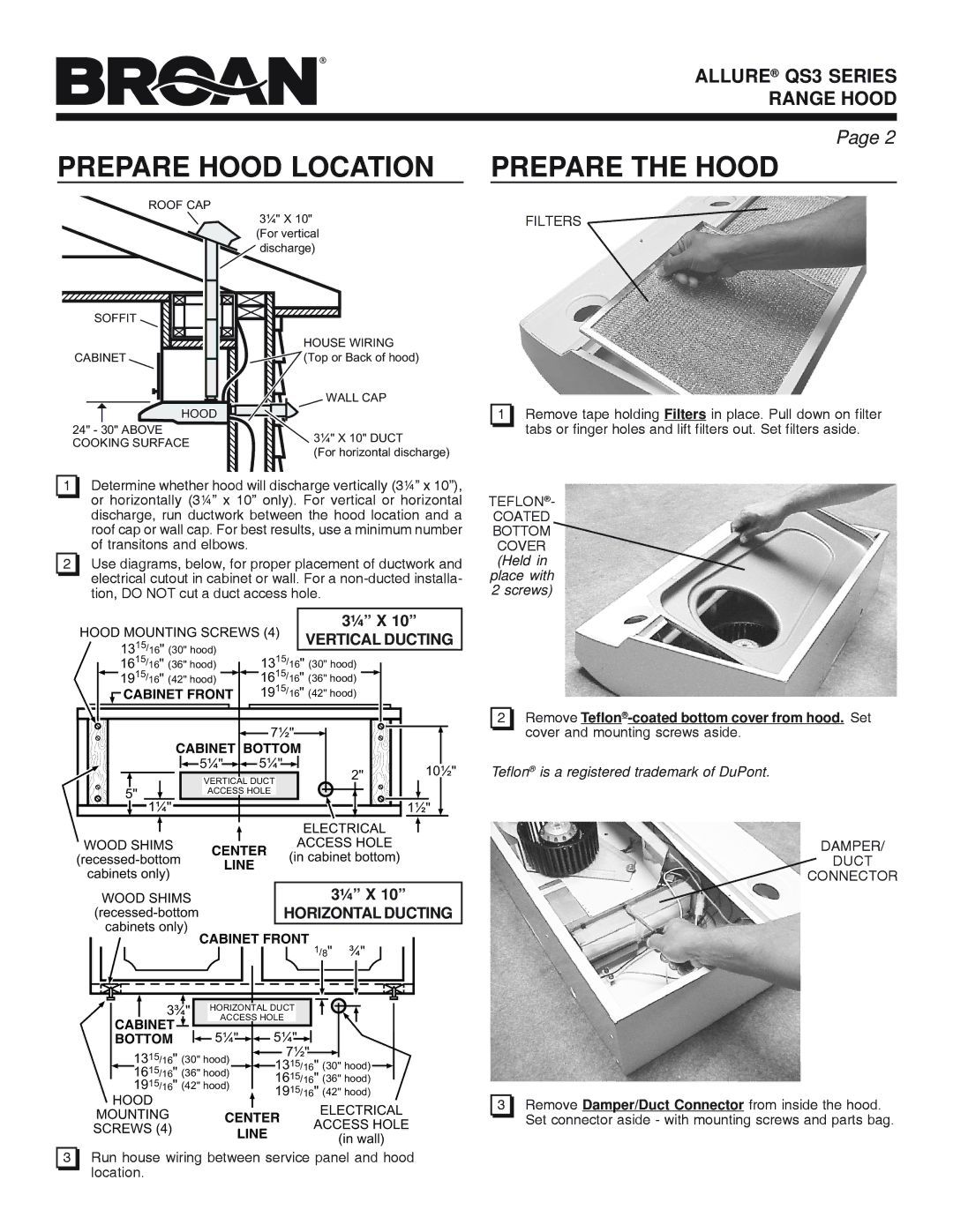 Broan QS3 SERIES manual Prepare Hood Location, Prepare the Hood 