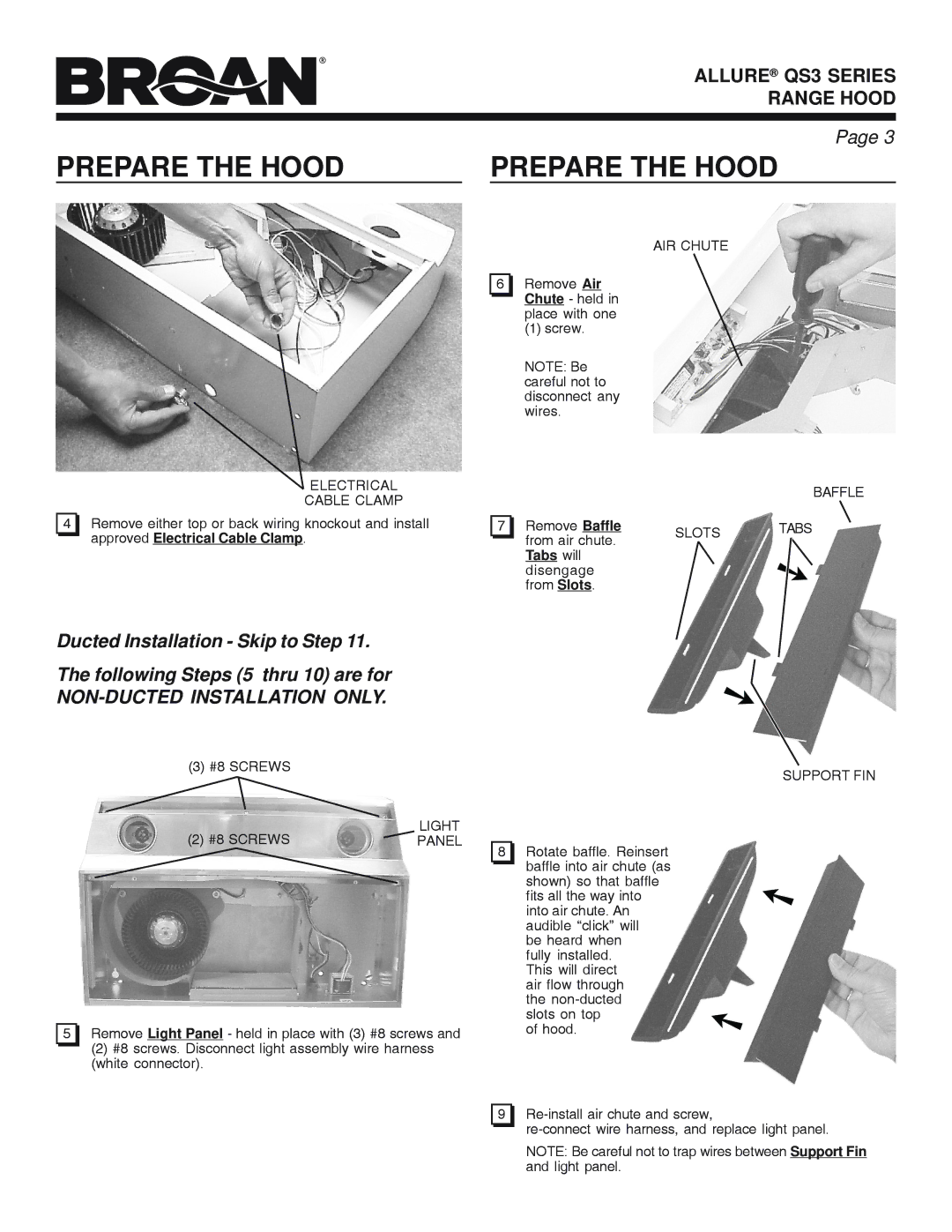 Broan QS3 SERIES manual Electrical Cable Clamp, Light, Panel, AIR Chute Baffle Slots Tabs Support FIN 