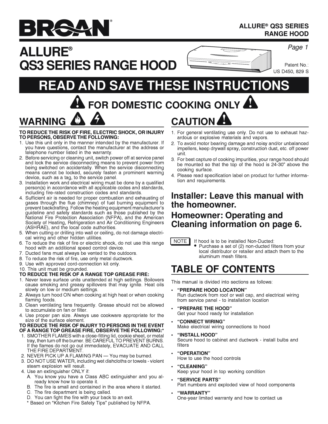 Broan manual Read And Save These Instructions, For Domestic Cooking Only, Table Of Contents, ALLURE QS3 SERIES, Page 