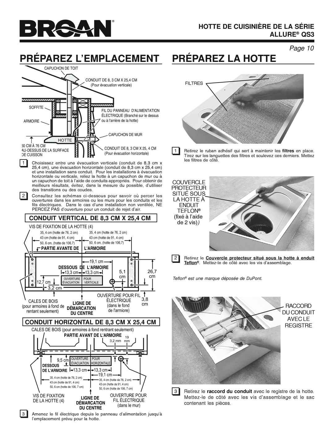 Broan QS3 SERIES manual Préparez L’Emplacement, Préparez La Hotte, HOTTE DE CUISINIÈRE DE LA SÉRIE ALLURE QS3, Page 