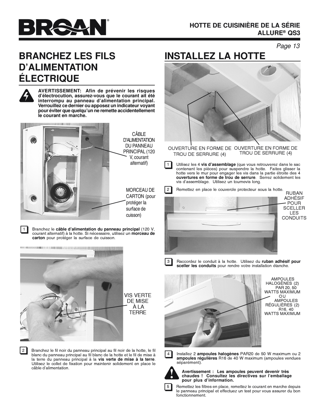 Broan QS3 SERIES Branchez Les Fils, D’Alimentation, Électrique, Installez La Hotte, Hotte De Cuisinière De La Série, Page 