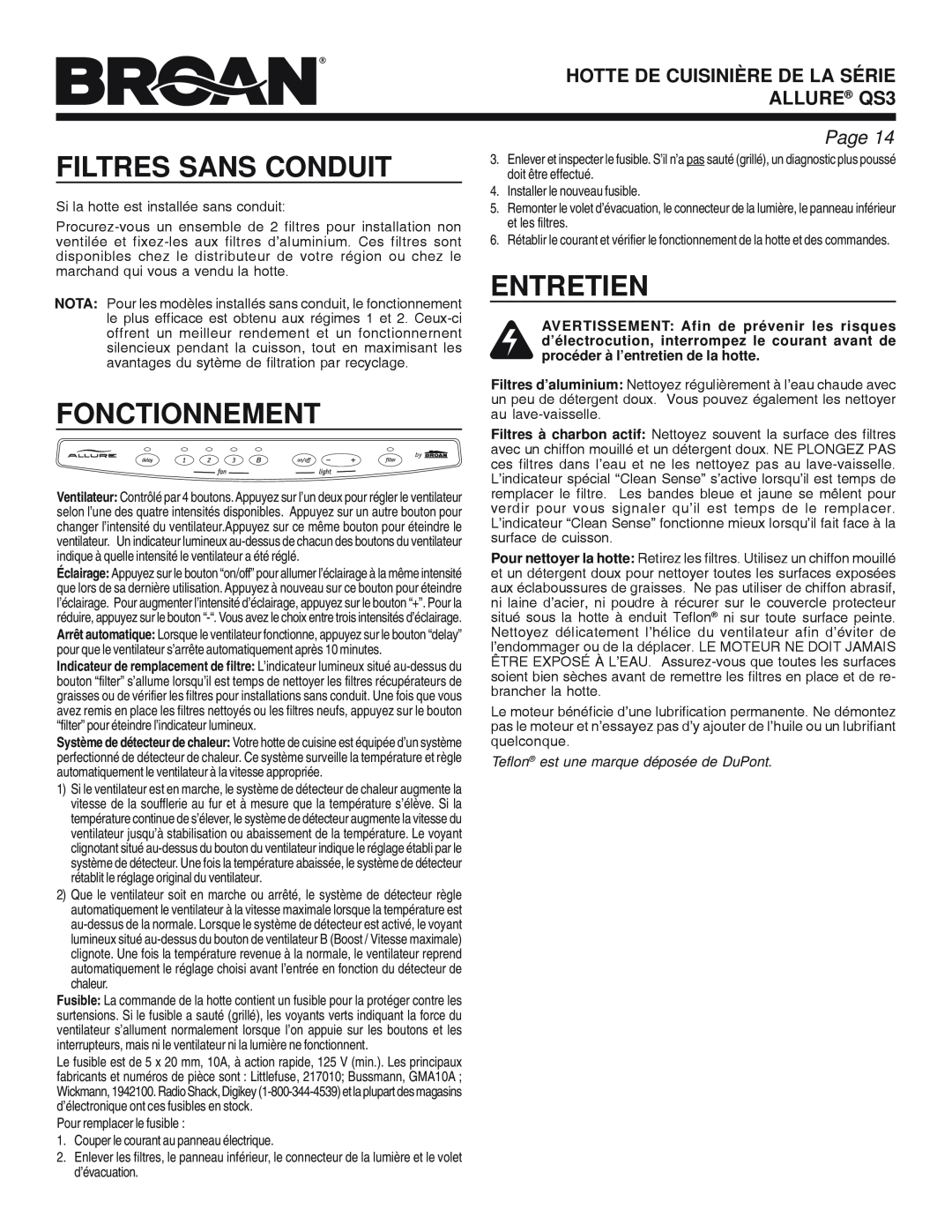 Broan QS3 SERIES manual Filtres Sans Conduit, Fonctionnement, Entretien, HOTTE DE CUISINIÈRE DE LA SÉRIE ALLURE QS3, Page 