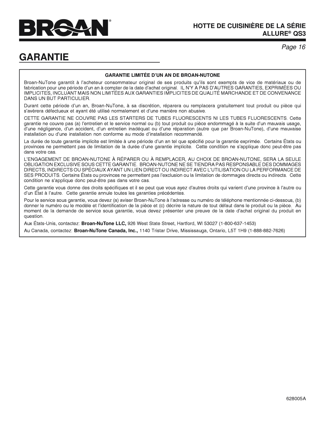 Broan QS3 SERIES manual HOTTE DE CUISINIÈRE DE LA SÉRIE ALLURE QS3, Page, Garantie Limitée D’Un An De Broan-Nutone 