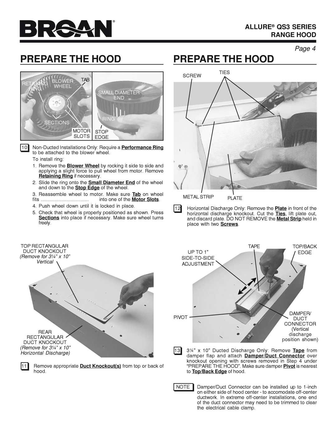 Broan Prepare The Hood, ALLURE QS3 SERIES RANGE HOOD, Page, Retaining Blower Tab Ring Wheel Small Diameter, Sections 