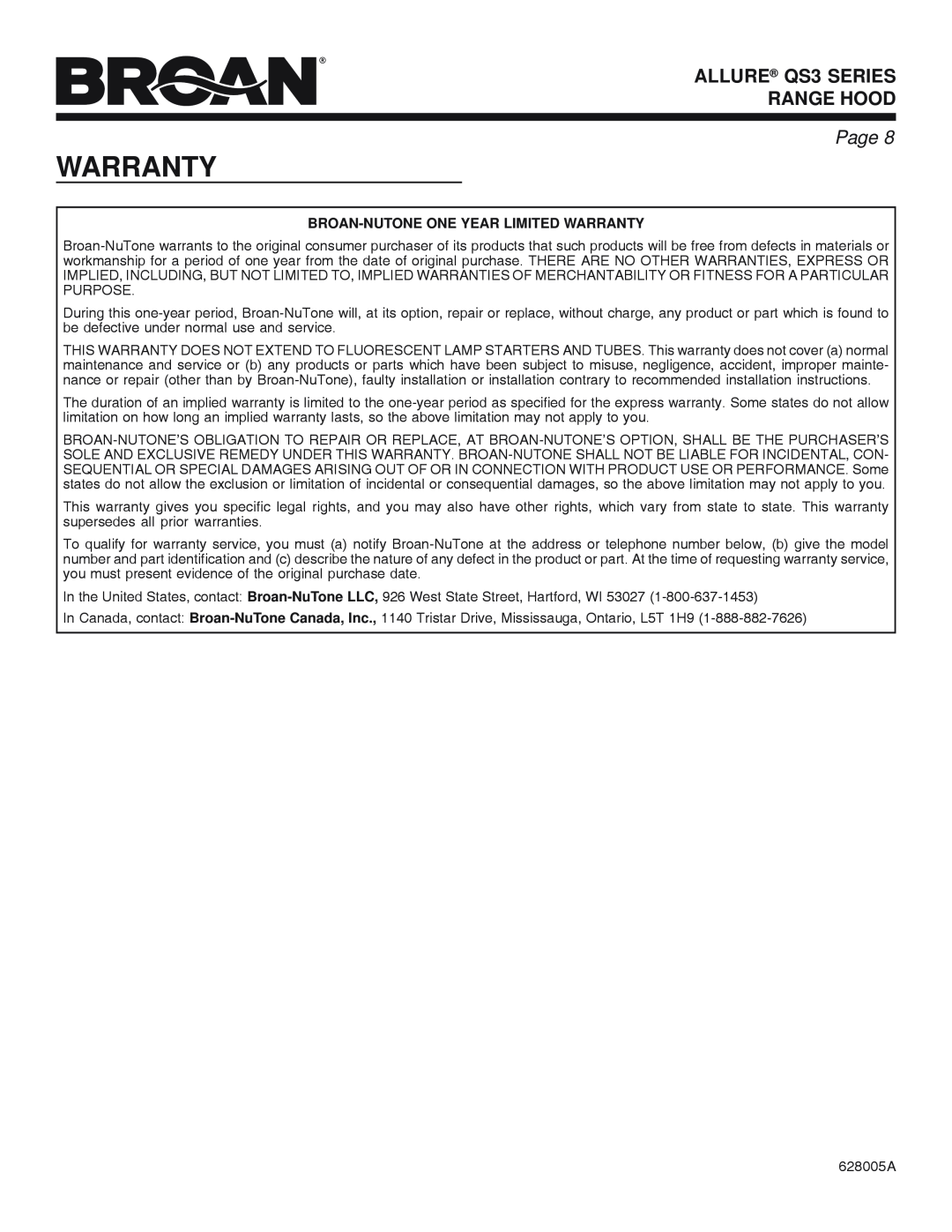 Broan manual ALLURE QS3 SERIES RANGE HOOD, Page, Broan-Nutoneone Year Limited Warranty 