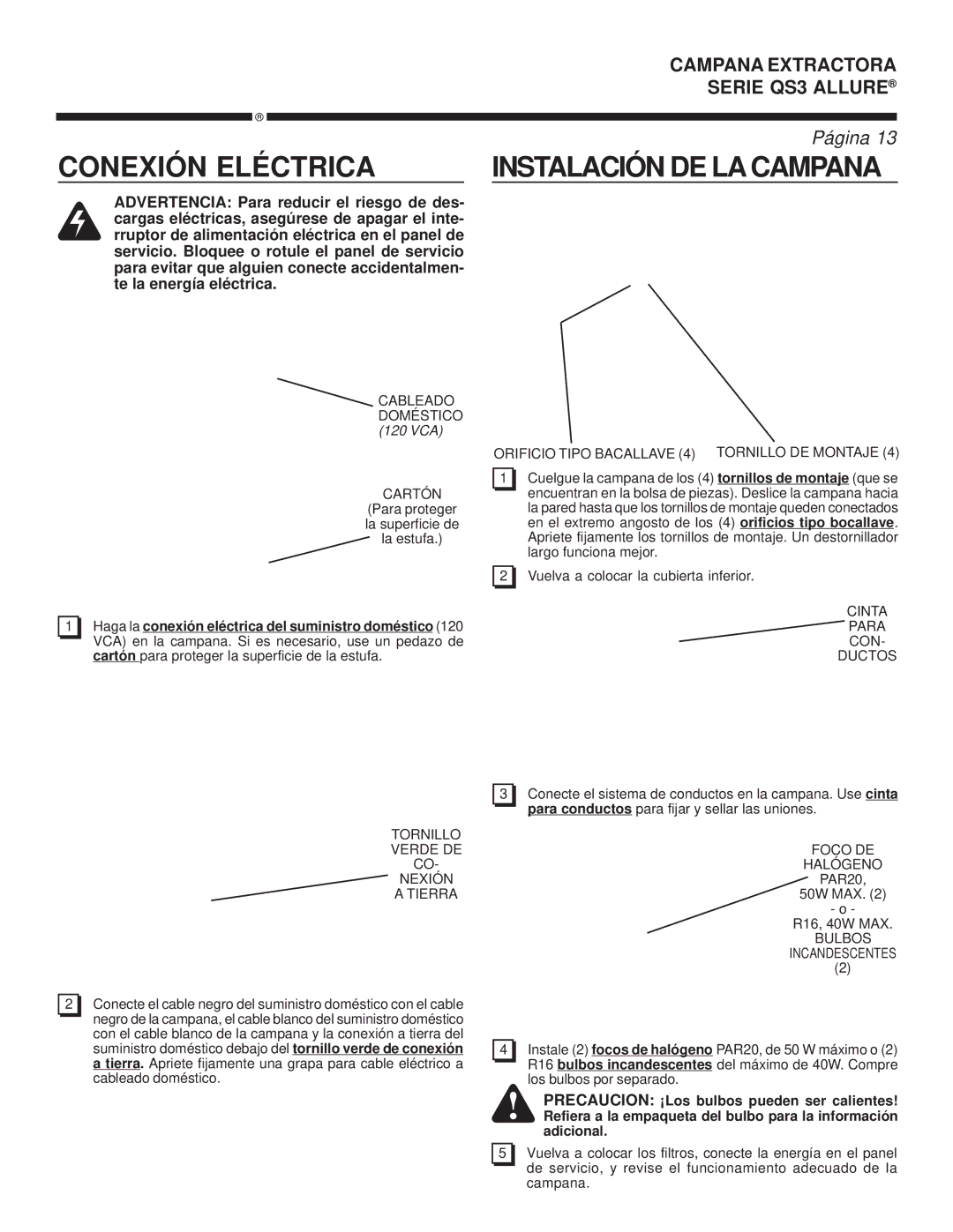 Broan QS3 warranty Conexión Eléctrica 