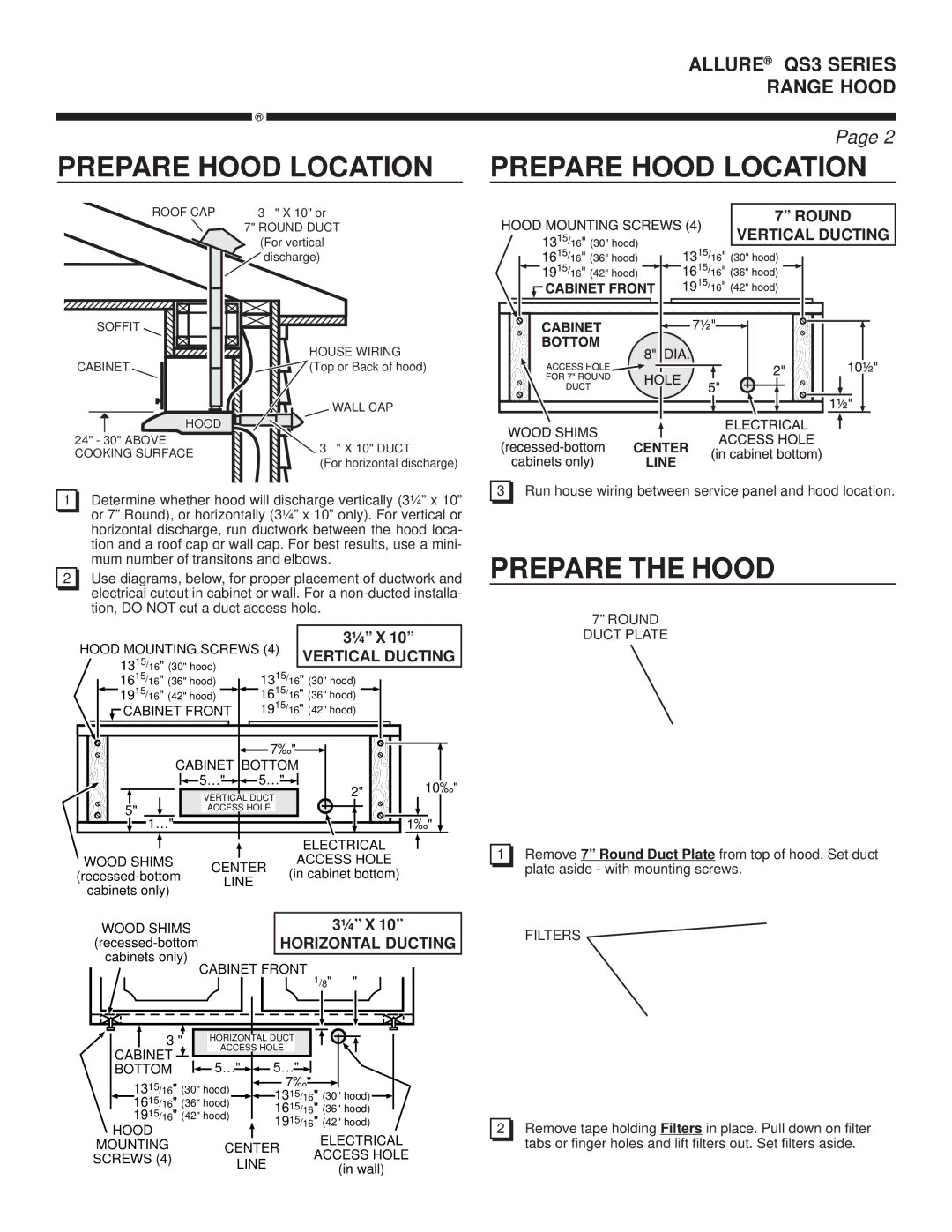 Broan QS3 warranty Prepare Hood Location Prepare Hood Location, Prepare the Hood 