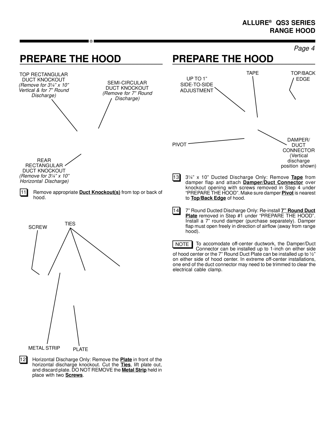 Broan QS3 warranty To Top/Back Edge of hood 