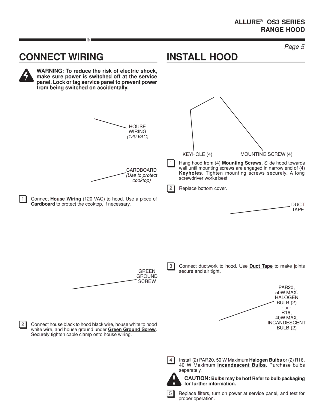 Broan QS3 warranty Connect Wiring Install Hood 