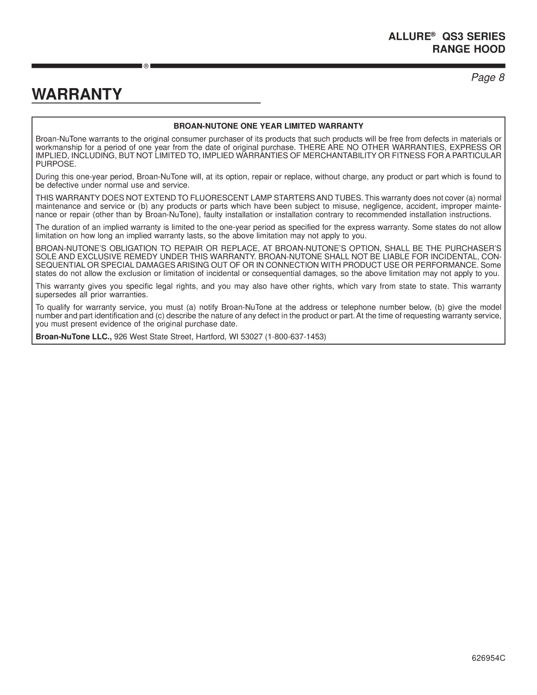 Broan QS3 warranty BROAN-NUTONE ONE Year Limited Warranty 