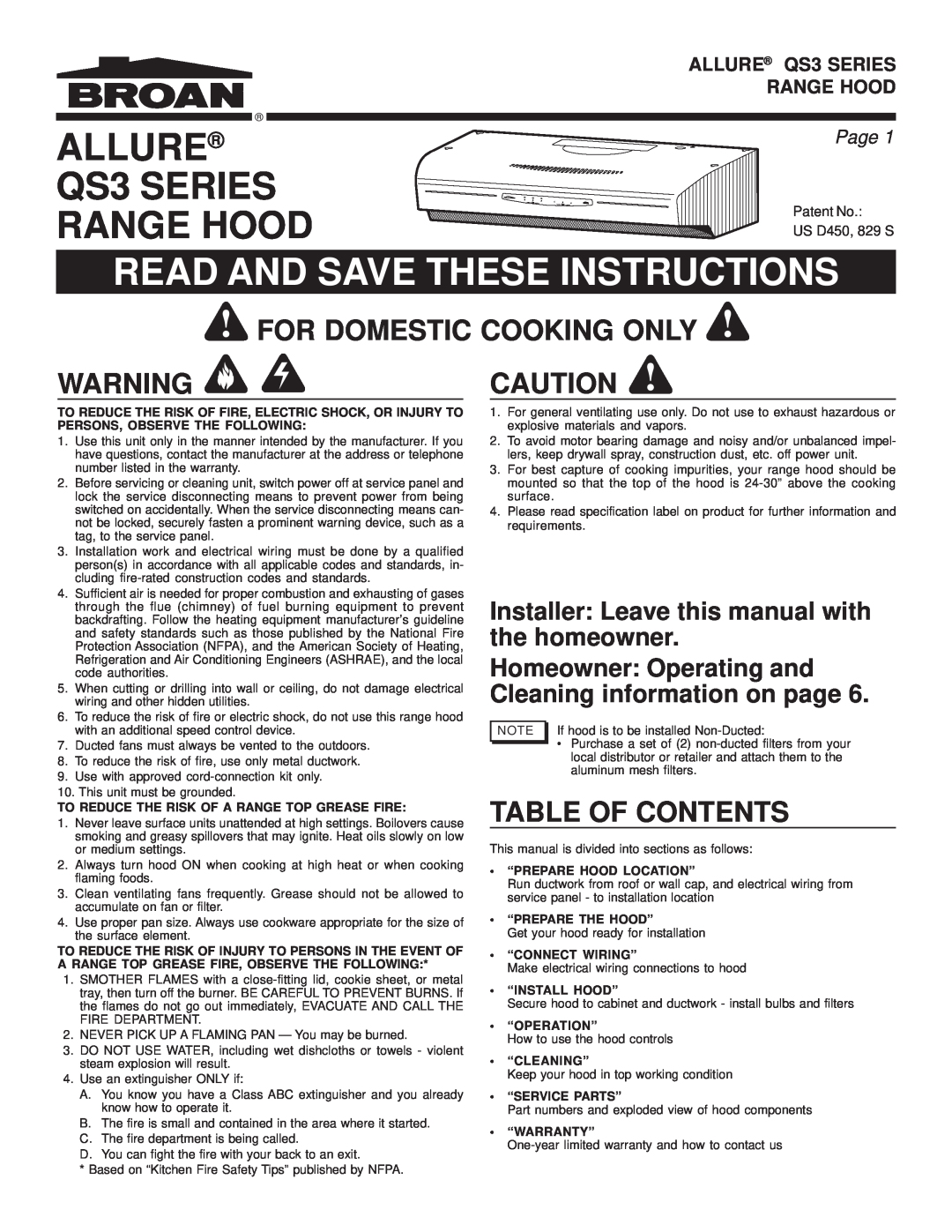 Broan warranty Read And Save These Instructions, Table Of Contents, ALLURE QS3 SERIES RANGE HOOD, Page 