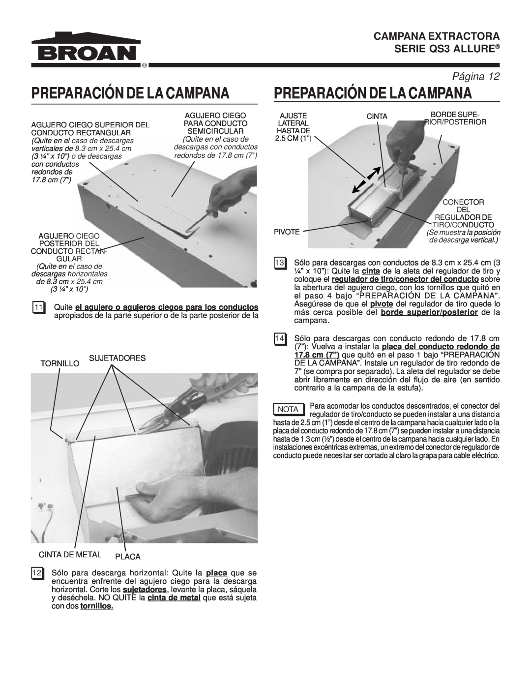 Broan warranty Preparación De La Campana, CAMPANA EXTRACTORA SERIE QS3 ALLURE, Página, con dos tornillos 
