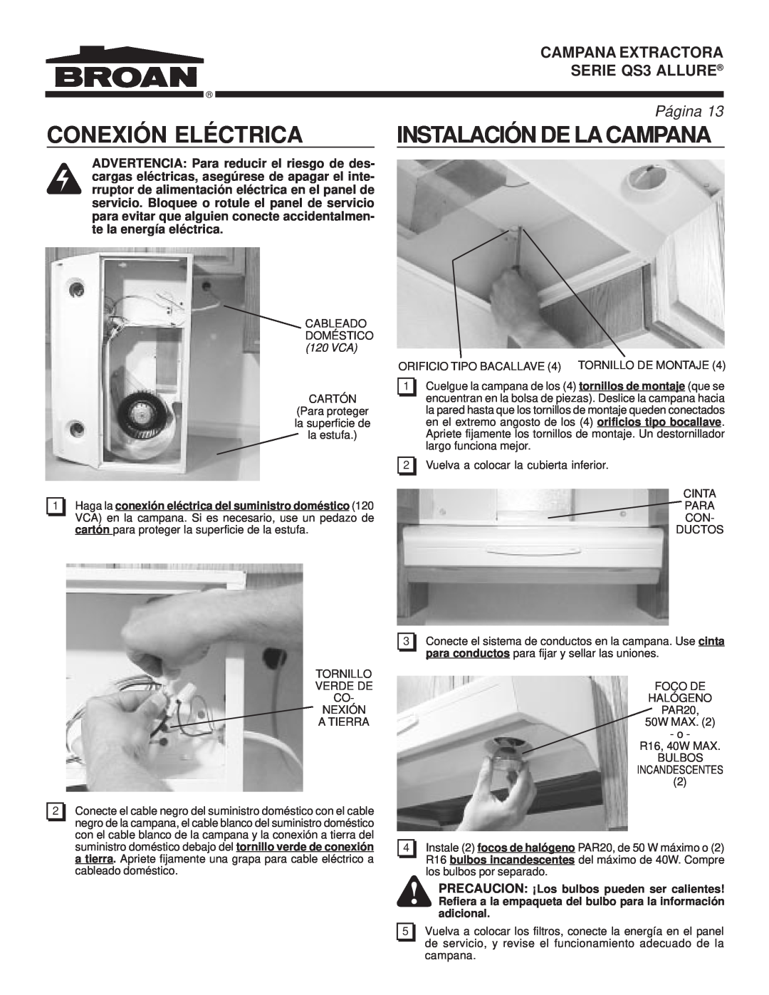 Broan warranty Conexión Eléctrica, Instalación De La Campana, SERIE QS3 ALLURE, Página, Campana Extractora 