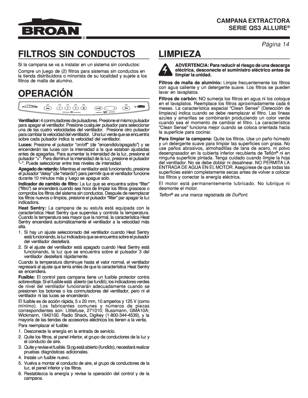 Broan QS3 warranty Filtros Sin Conductos, Operación, Limpieza, Teflon es una marca registrada de DuPont, Página 