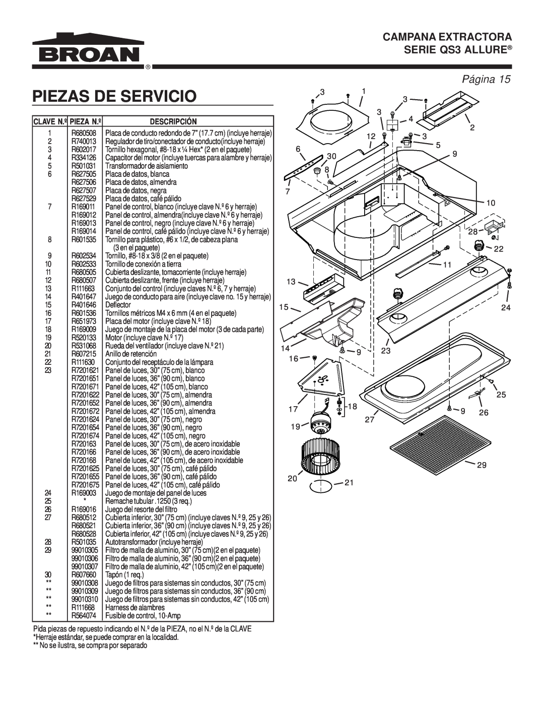 Broan warranty Piezas De Servicio, CAMPANA EXTRACTORA SERIE QS3 ALLURE, Página, Clave N.º Pieza N.º 