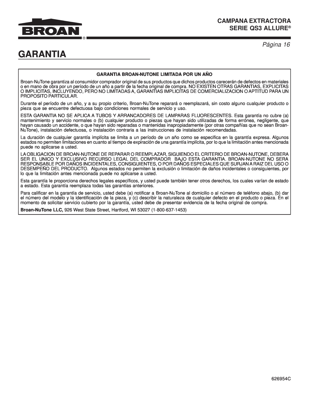Broan warranty CAMPANA EXTRACTORA SERIE QS3 ALLURE, Página, Garantia Broan-Nutonelimitada Por Un Año 