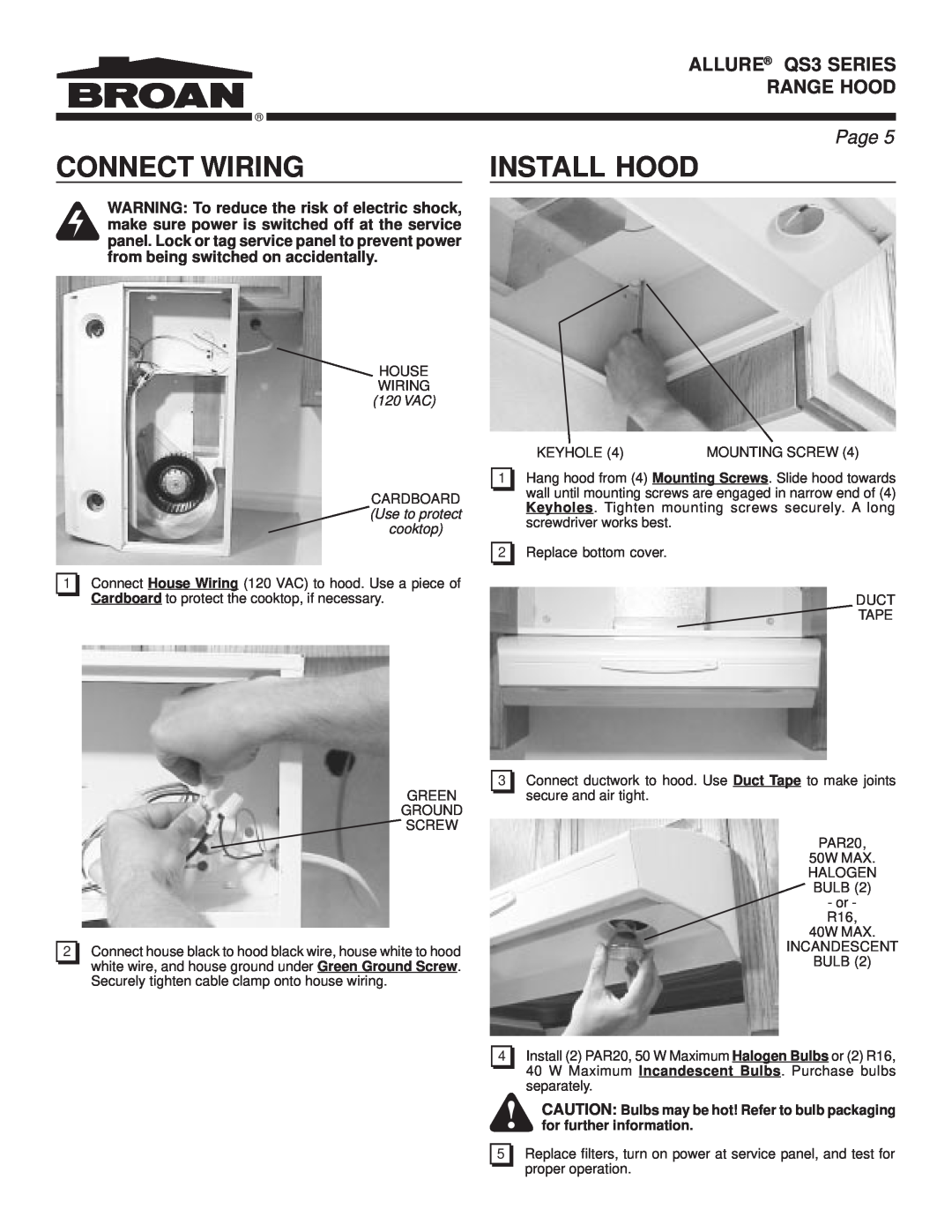 Broan warranty Connect Wiring, Install Hood, ALLURE QS3 SERIES, Range Hood, Page 