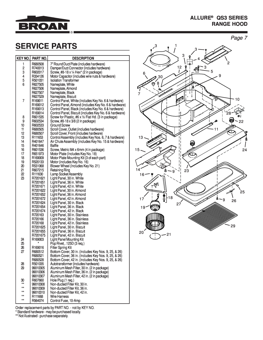 Broan warranty Service Parts, ALLURE QS3 SERIES RANGE HOOD, Page, Key No. Part No 