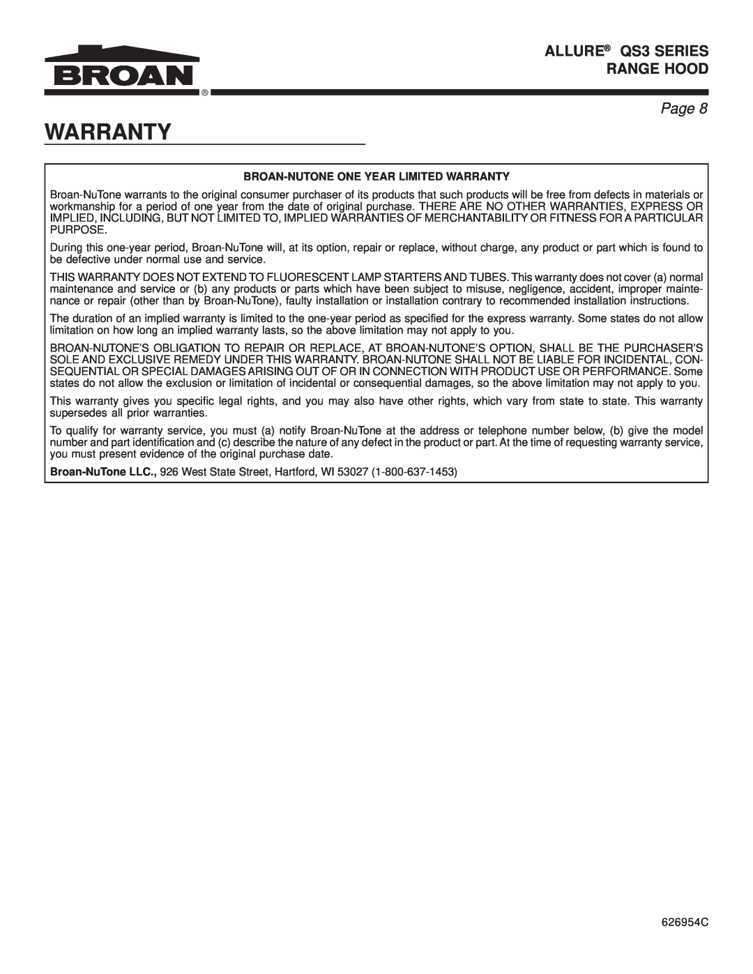 Broan warranty ALLURE QS3 SERIES RANGE HOOD, Page, Broan-Nutoneone Year Limited Warranty 