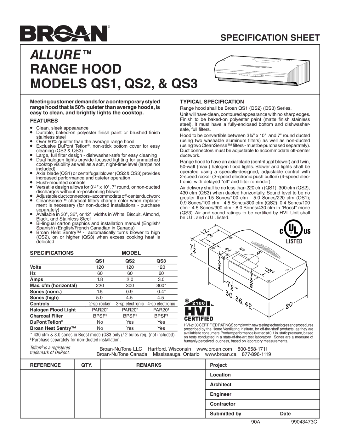 Broan QS330SS specifications Allure TM, Range Hood Models QS1, QS2, & QS3, Features, Typical Specification 