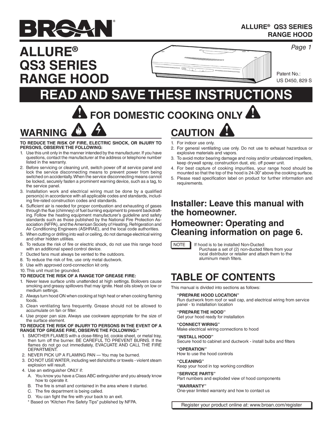 Broan QS330SS, QS336BL, QS342BC, QS330BC, QS336SS, QS342WW, QS342BL warranty For Domestic Cooking only, Table of Contents 