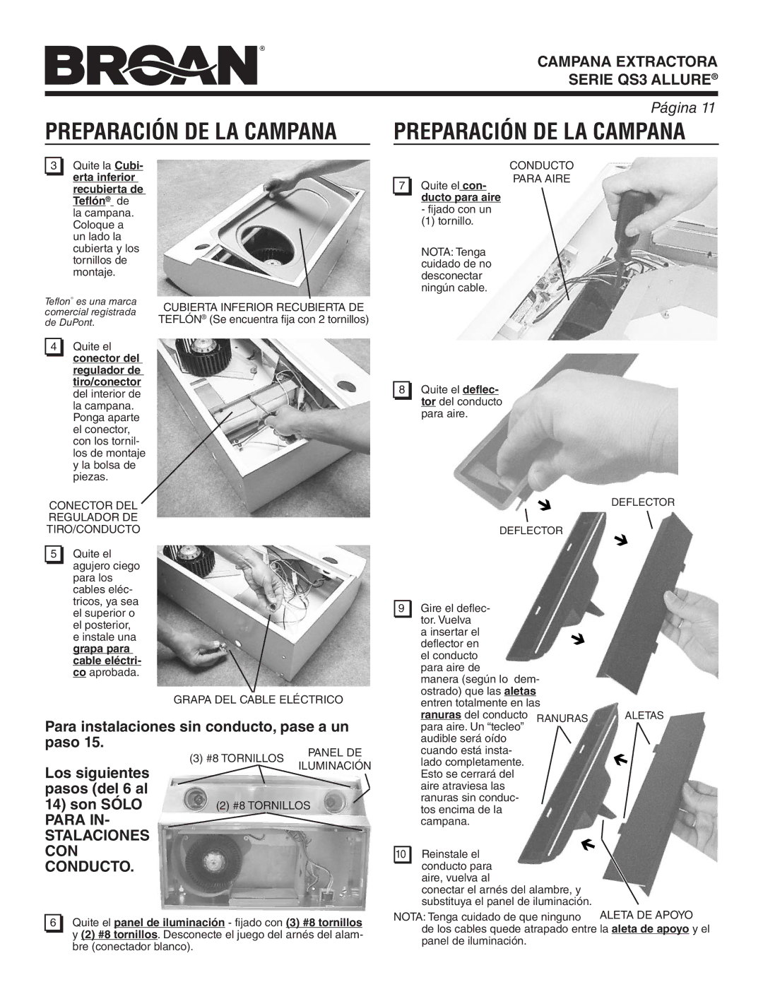 Broan QS330SS, QS336BL, QS342BC, QS330BC, QS336SS, QS342WW Preparación DE LA Campana, Ducto para aire, La aleta de apoyo y el 