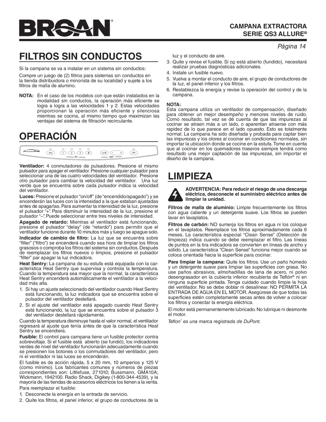 Broan QS336SS, QS336BL, QS330SS, QS342BC, QS330BC, QS342WW, QS342BL, QS342SS, QS330WW Filtros SIN Conductos, Operación, Limpieza 