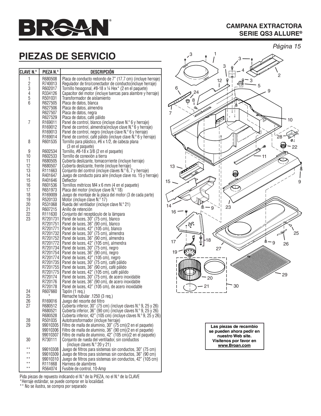 Broan QS342WW, QS336BL, QS330SS, QS342BC, QS330BC, QS336SS, QS342BL, QS342SS, QS330WW Piezas DE Servicio, Clave N.º Pieza N.º 