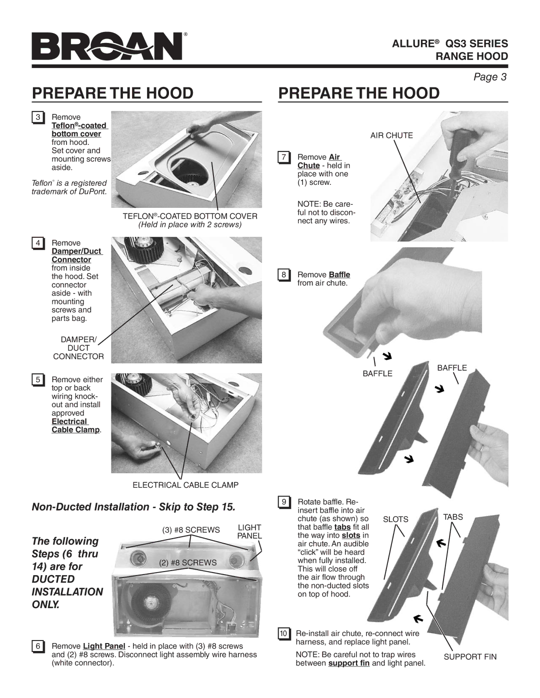 Broan QS330BC, QS336BL, QS330SS Teflon-coated bottom cover from hood, Damper/Duct, Connector, Electrical, Cable Clamp 