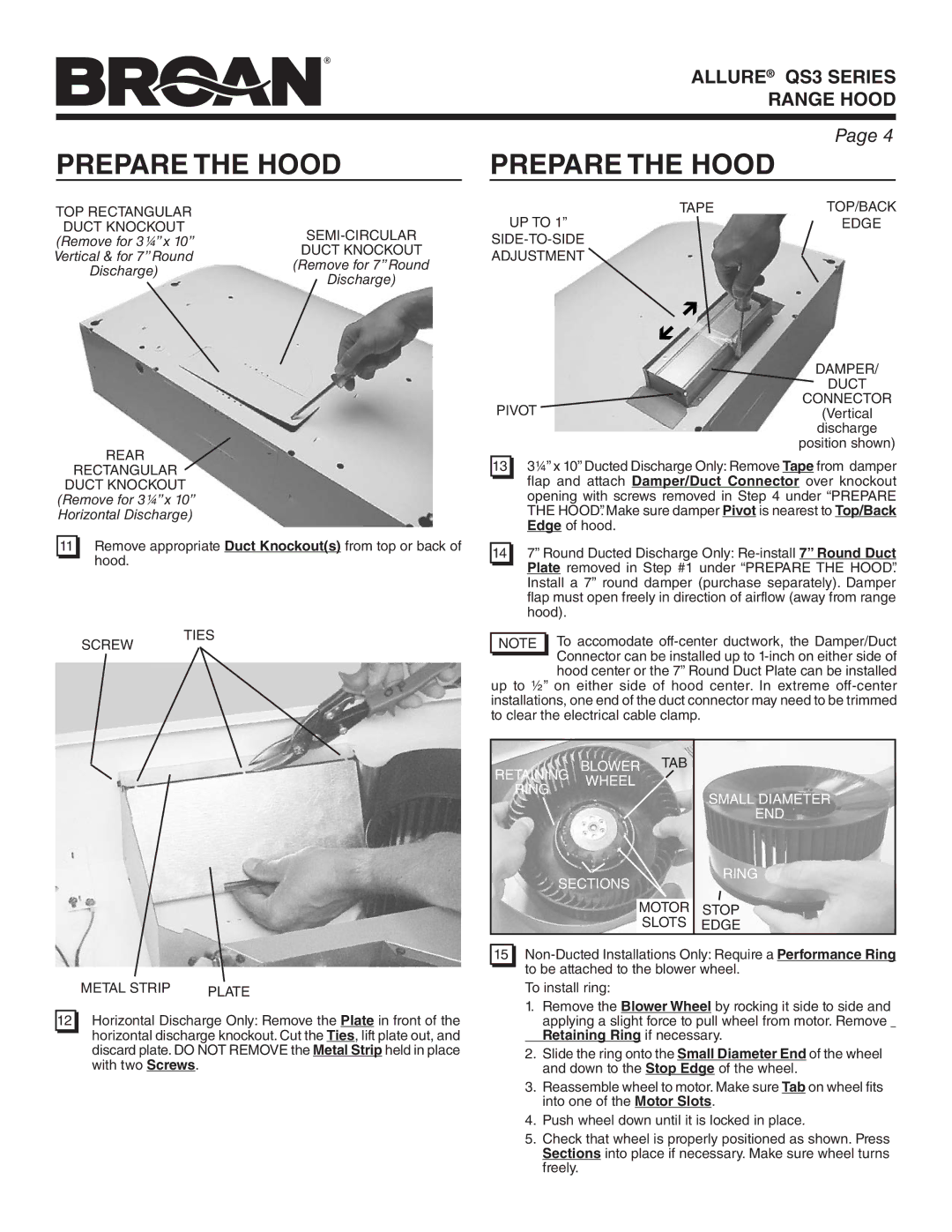 Broan QS336SS, QS336BL, QS330SS TOP Rectangular, Semi-Circular, Rear Rectangular Duct Knockout, Screw Ties, Metal Strip 