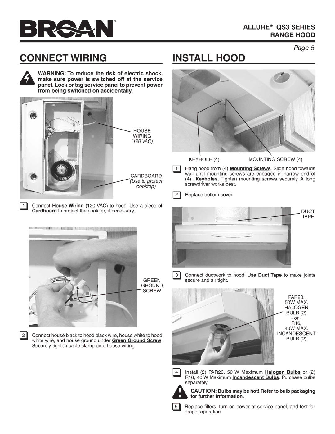 Broan QS342WW, QS336BL, QS330SS, QS342BC, QS330BC, QS336SS, QS342BL, QS342SS, QS330WW, QS330BL warranty Connect Wiring 