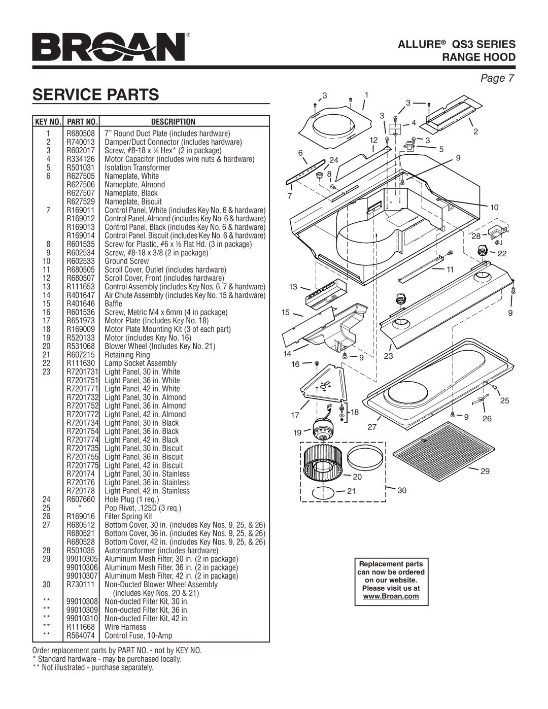 Broan QS342SS, QS336BL, QS330SS, QS342BC, QS330BC, QS336SS, QS342WW, QS342BL, QS330WW, QS330BL Service Parts, KEY NO. Part no 