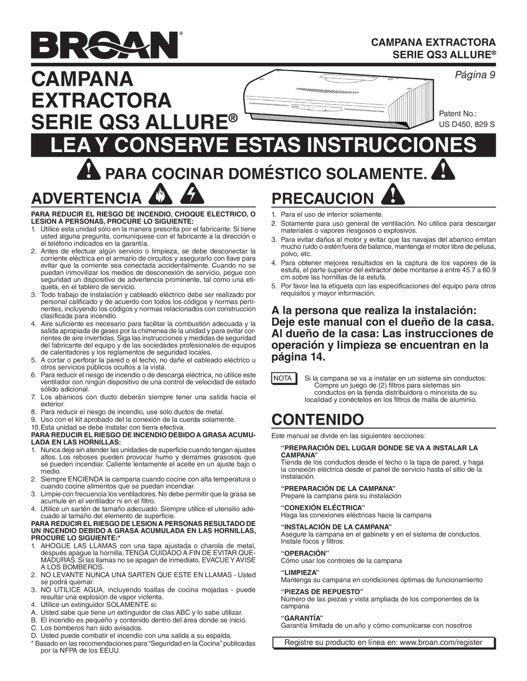 Broan QS330BL, QS336BL, QS330SS, QS342BC, QS330BC, QS336SS Para Cocinar Doméstico Solamente Advertencia Precaucion, Contenido 