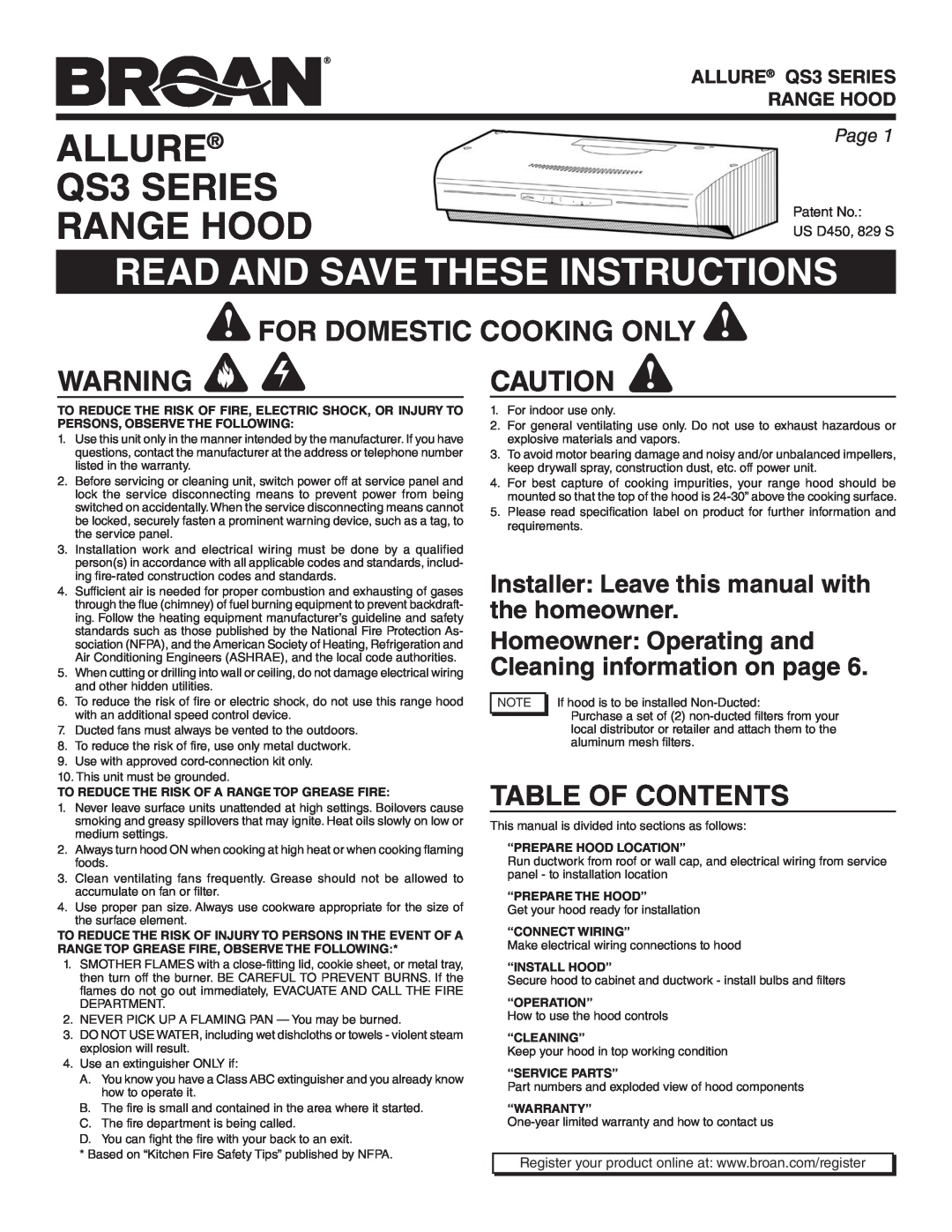 Broan QS330SS warranty Allure, QS3 SERIES, Range Hood, Read And Save These Instructions, For Domestic Cooking Only, Page 