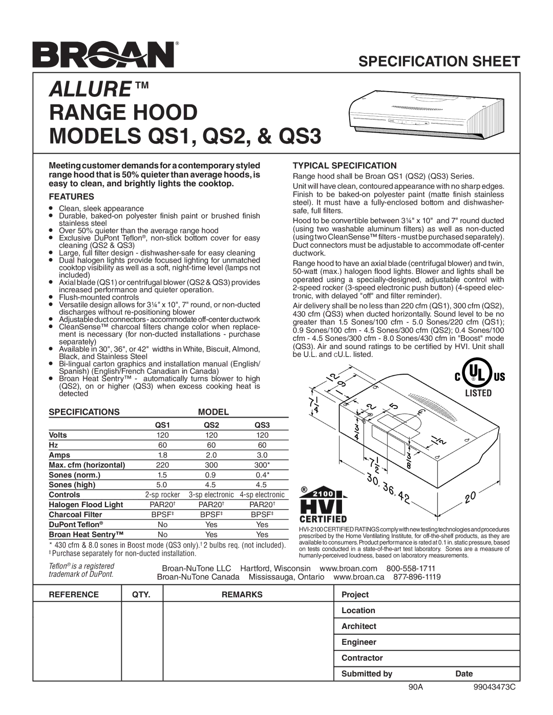 Broan QS336SS specifications Allure TM, Range Hood Models QS1, QS2, & QS3, Features, Typical Specification 