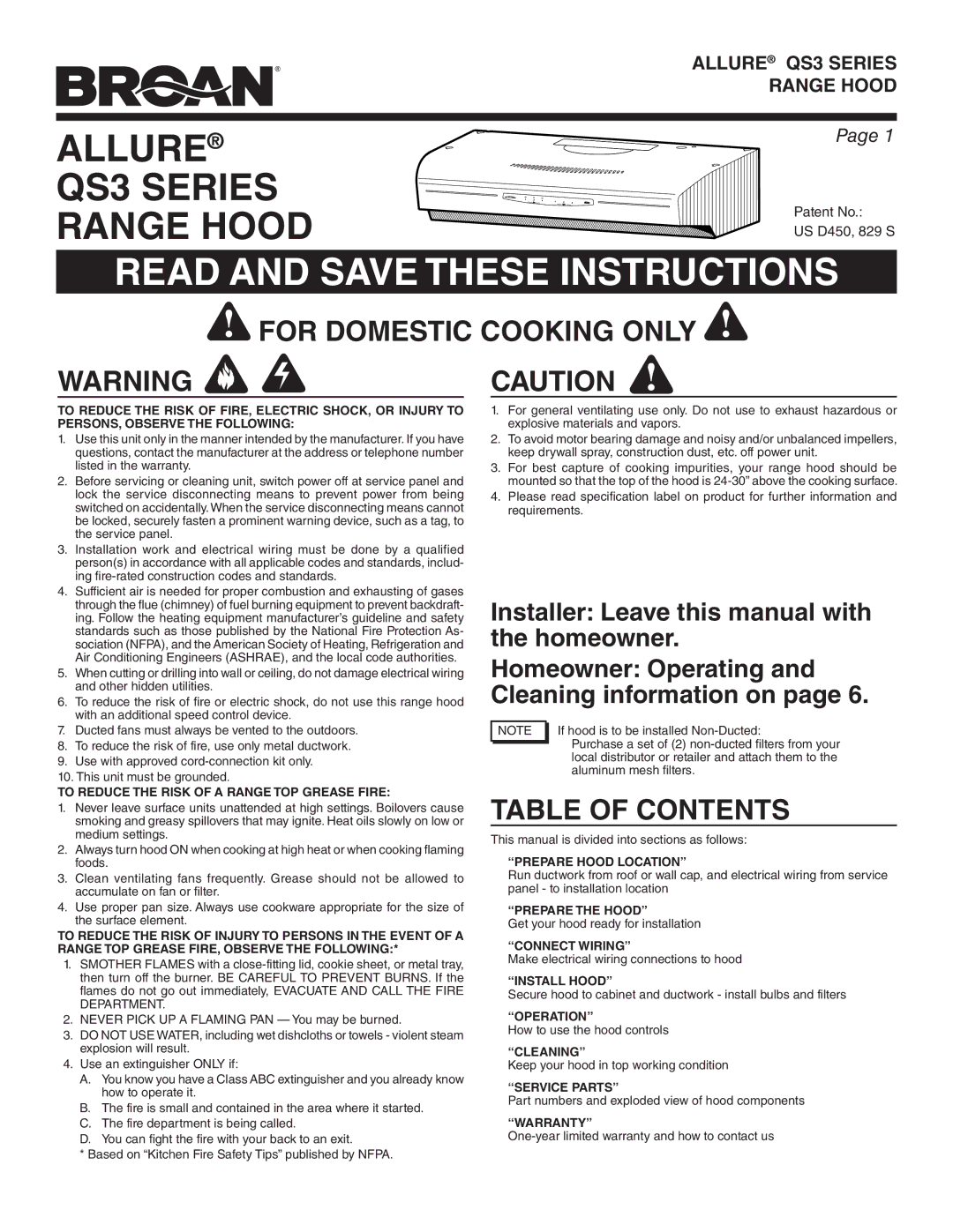 Broan QS342SS warranty For Domestic Cooking only, Table of Contents 