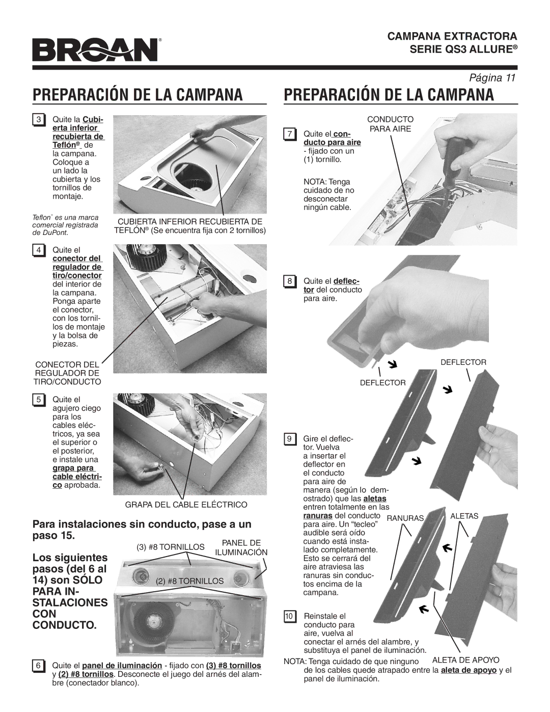 Broan QS342SS warranty Preparación DE LA Campana, Ducto para aire, La aleta de apoyo y el 