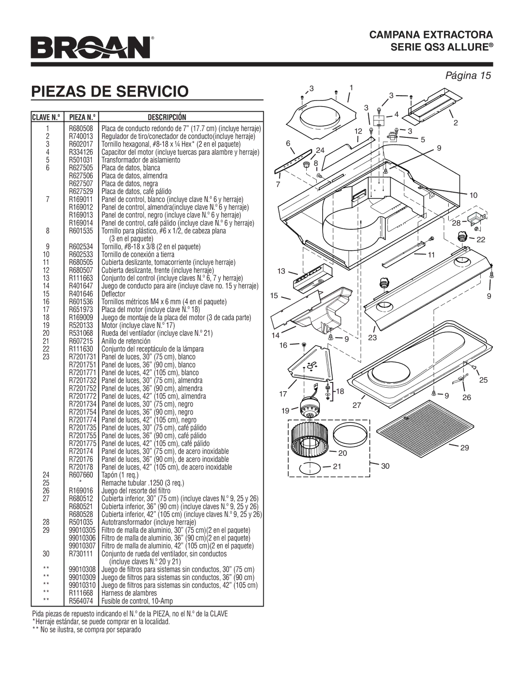 Broan QS342SS warranty Piezas DE Servicio, Clave N.º Pieza N.º 