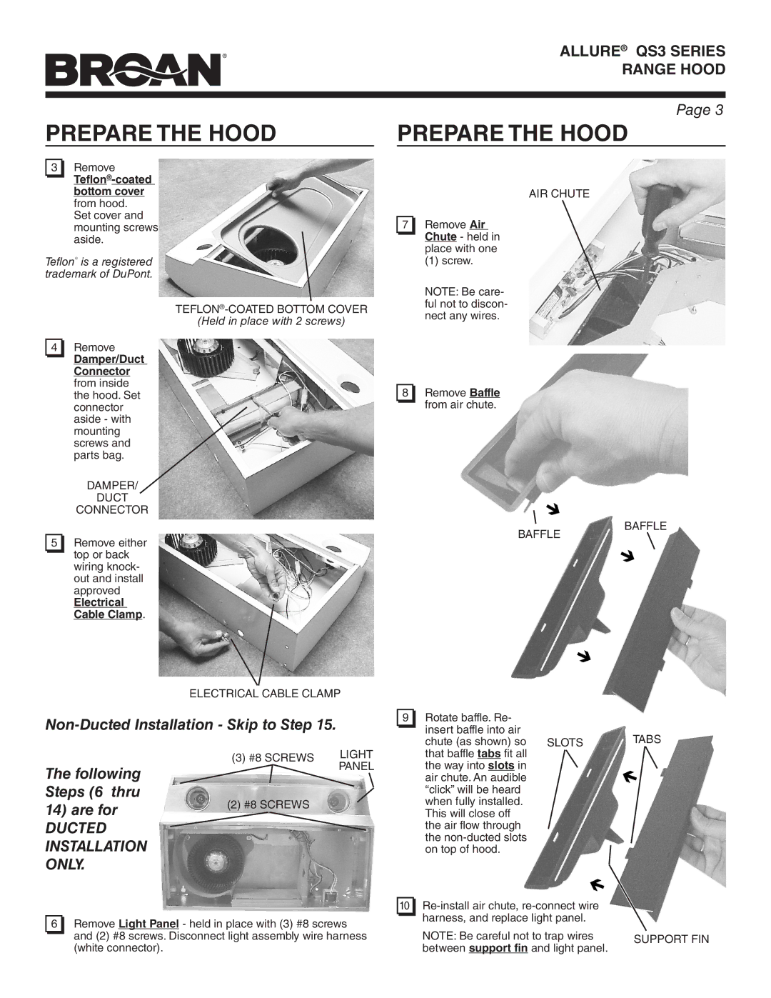 Broan QS342SS warranty Teflon-coated bottom cover from hood, Damper/Duct, Connector, Electrical, Cable Clamp 