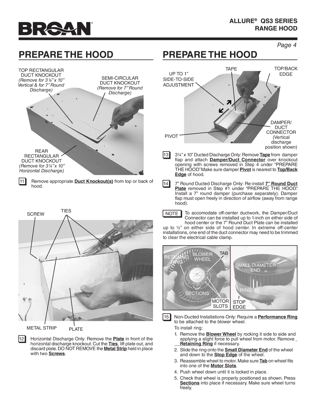 Broan QS342SS warranty TOP Rectangular, Semi-Circular, Rear Rectangular Duct Knockout, Screw Ties, Metal Strip 