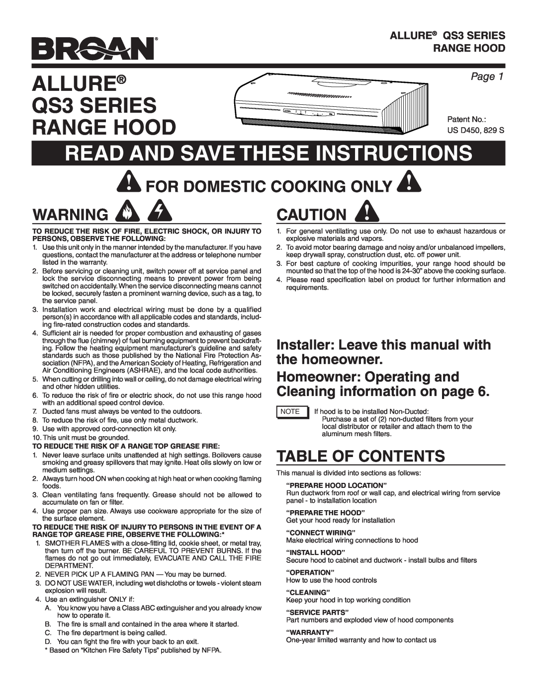 Broan QS330SS warranty Allure, QS3 SERIES, Range Hood, Read And Save These Instructions, For Domestic Cooking Only, Page 