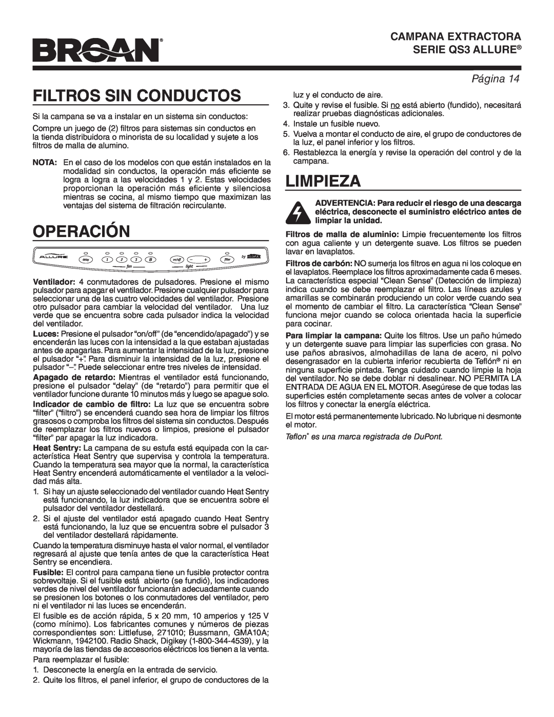 Broan QS342SS warranty Filtros Sin Conductos, Operación, Limpieza, Teflon es una marca registrada de DuPont, Página 